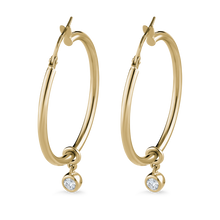 Charger l&#39;image dans la galerie, Versatile 14K yellow gold 19mm hoop earrings with detachable 0.10ct lab-diamond droplets, offering a transition from essential to elegant style, featuring bezel-set round brilliant lab diamonds totaling 0.20tcw.
