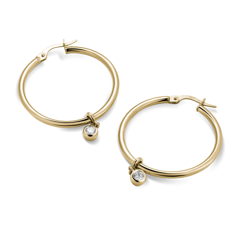 Versatile 14K yellow gold 19mm hoop earrings with detachable 0.10ct lab-diamond droplets, offering a transition from essential to elegant style, featuring bezel-set round brilliant lab diamonds totaling 0.20tcw.