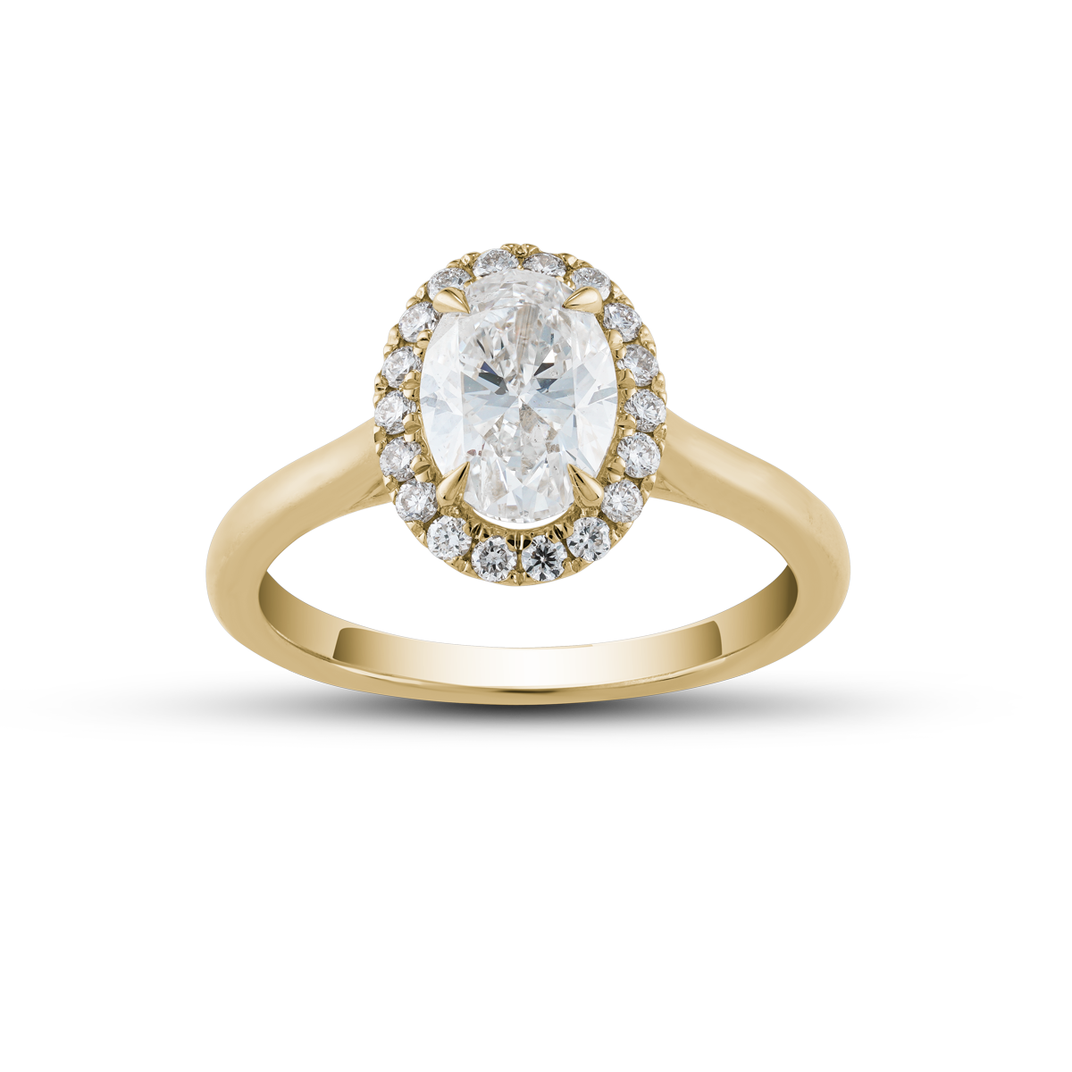 Elegant 18K yellow gold ring featuring a 1.02ct round brilliant diamond with a pavé halo and a cathedral shoulder design, offering a glowing and dimensional appearance, complemented by 0.18tcw of smaller pavé set diamonds.