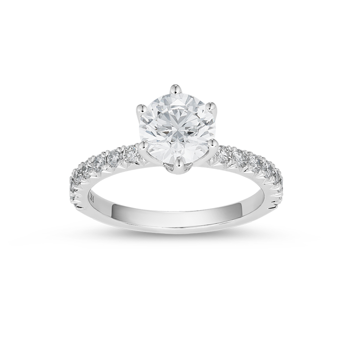 Stunning 18K white gold solitaire ring, featuring a 1.20ct round brilliant VS1 D diamond in a six-claw setting, with a flame-shaped design and 0.36tcw pavé set diamonds along three-quarters of the slim band.