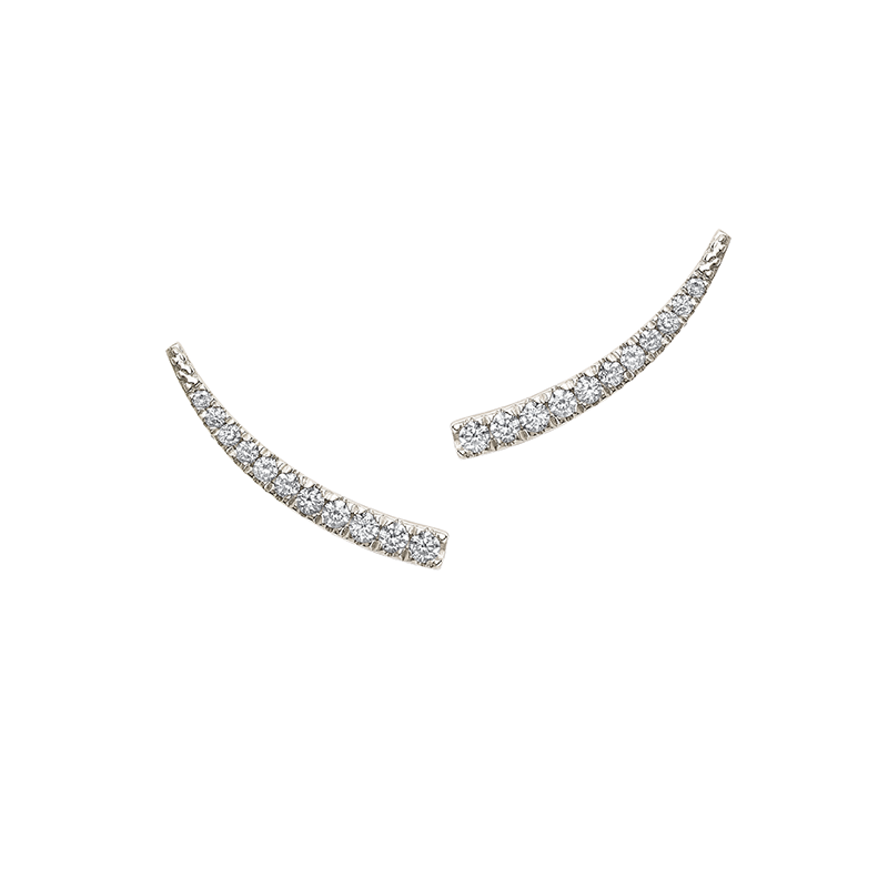 18K white gold earrings featuring a delicate, tapering diamond pavé design that elegantly frames the face. Weighing approximately 1.5gr and adorned with 0.13tcw diamonds, they are secured with a post and butterfly back, showcasing Ex Aurum's attention to detail and craftsmanship.