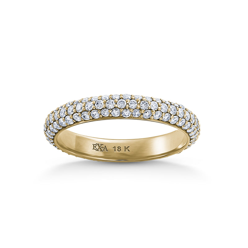  full eternity band in 18K yellow gold, featuring a dome design packed with shimmering round brilliant diamonds totaling approximately 1.024tcw, set in a pavé setting for a dramatic and glamorous presence.