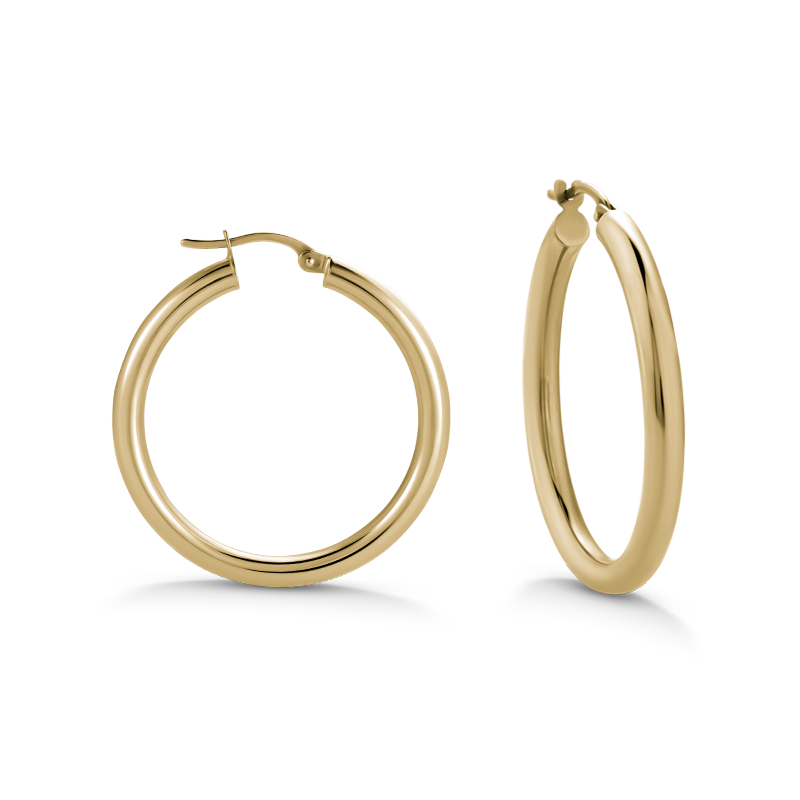 Classic Italian 18K yellow gold hoop earrings, 31mm in diameter with 3mm round tubes, featuring a curved tension post for secure wear, combining all-day comfort with a glossy, impactful look.