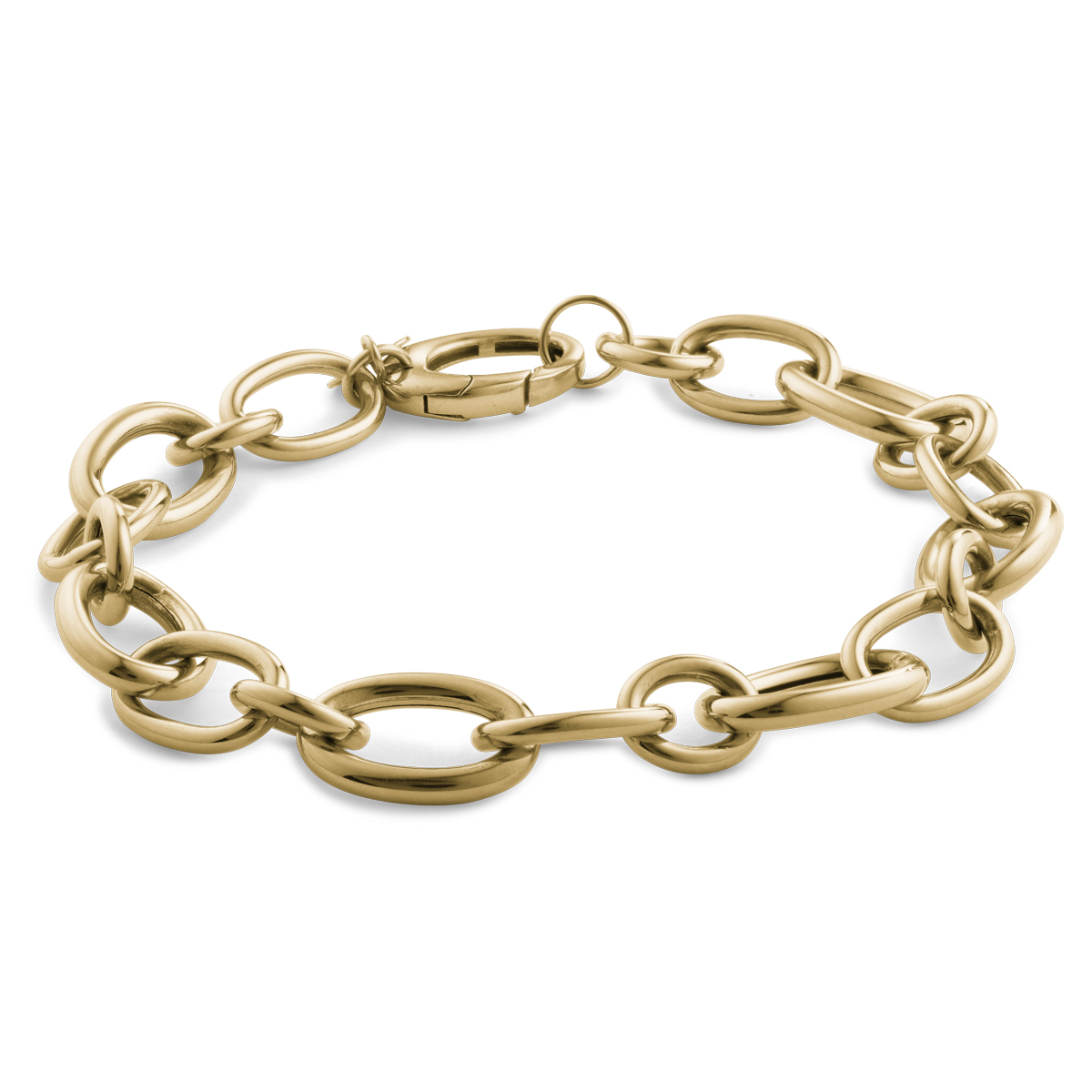 Bold bracelet in 18K yellow gold, featuring a mix of free oval and round links, adjustable up to 8.25 inches with a large oval lobster clasp, weighing approximately 12.70gr, embodying elegance and craftsmanship from Italy.