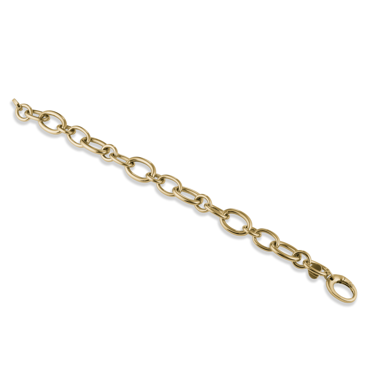 Bold bracelet in 18K yellow gold, featuring a mix of free oval and round links, adjustable up to 8.25 inches with a large oval lobster clasp, weighing approximately 12.70gr, embodying elegance and craftsmanship from Italy.