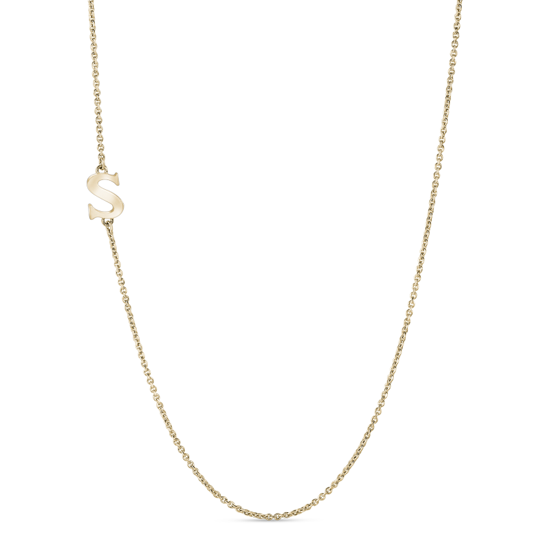 Elegant 18K yellow gold necklace featuring a side-set initial 'S' pendant, representing a personal or meaningful symbol, on a 16" chain, offering a unique and gleaming expression of individuality.