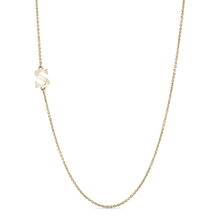 Load image into Gallery viewer, Elegant 18K yellow gold necklace featuring a side-set initial &#39;S&#39; pendant, representing a personal or meaningful symbol, on a 16&quot; chain, offering a unique and gleaming expression of individuality.
