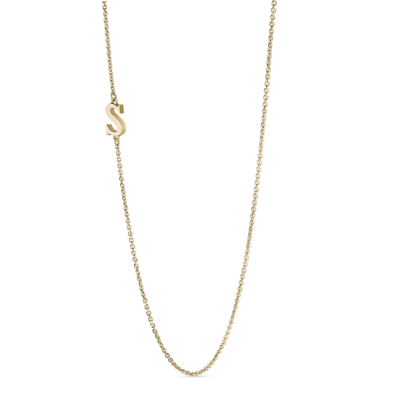 Elegant 18K yellow gold necklace featuring a side-set initial 'S' pendant, representing a personal or meaningful symbol, on a 16" chain, offering a unique and gleaming expression of individuality.