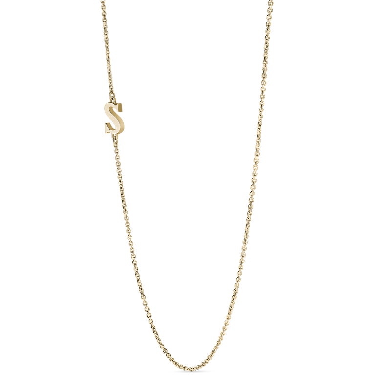 Elegant 18K yellow gold necklace featuring a side-set initial 'S' pendant, representing a personal or meaningful symbol, on a 16