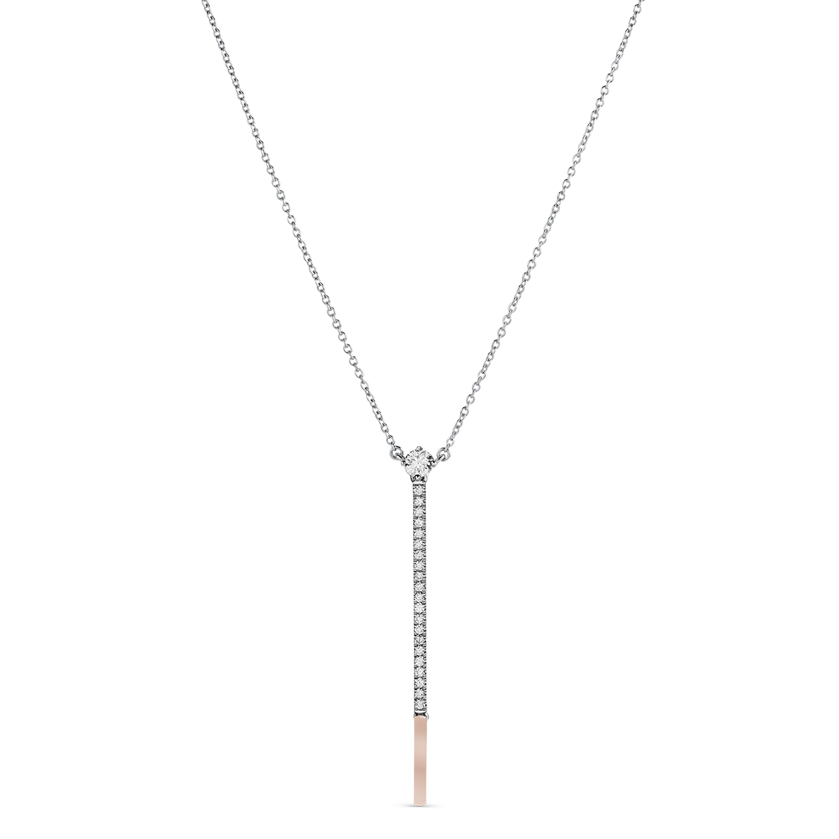 Elegant necklace in 18K yellow and white gold, symbolizing inspiration and hope, featuring a diamond with a pavé tail on a 16" chain with a 1.75" drop and moving yellow gold tip.