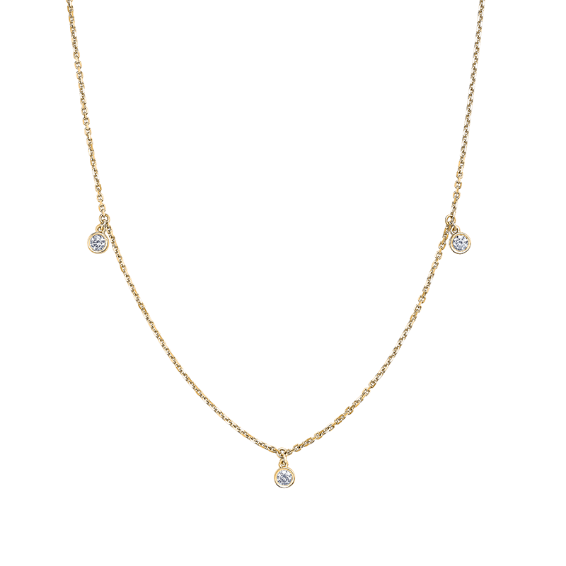 Elegant 'Droplets' necklace in 14K white gold, featuring three bezel-set dangling diamonds totaling approximately 0.18tcw, with a 16-18" adjustable chain, perfect for delicate solo wear or layered styling.