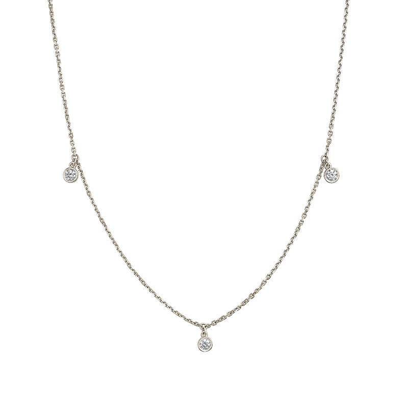 Elegant 'Droplets' necklace in 14K white gold, featuring three bezel-set dangling diamonds totaling approximately 0.18tcw, with a 16-18" adjustable chain, perfect for delicate solo wear or layered styling.