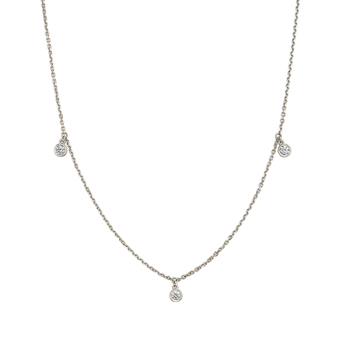 Elegant 'Droplets' necklace in 14K white gold, featuring three bezel-set dangling diamonds totaling approximately 0.18tcw, with a 16-18