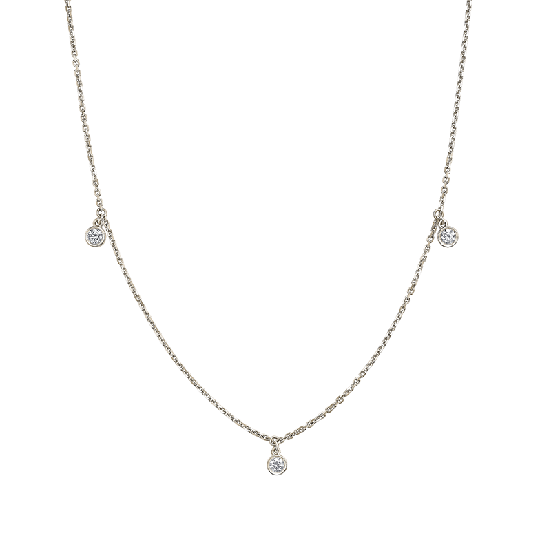 Elegant 'Droplets' necklace in 14K white gold, featuring three bezel-set dangling diamonds totaling approximately 0.18tcw, with a 16-18
