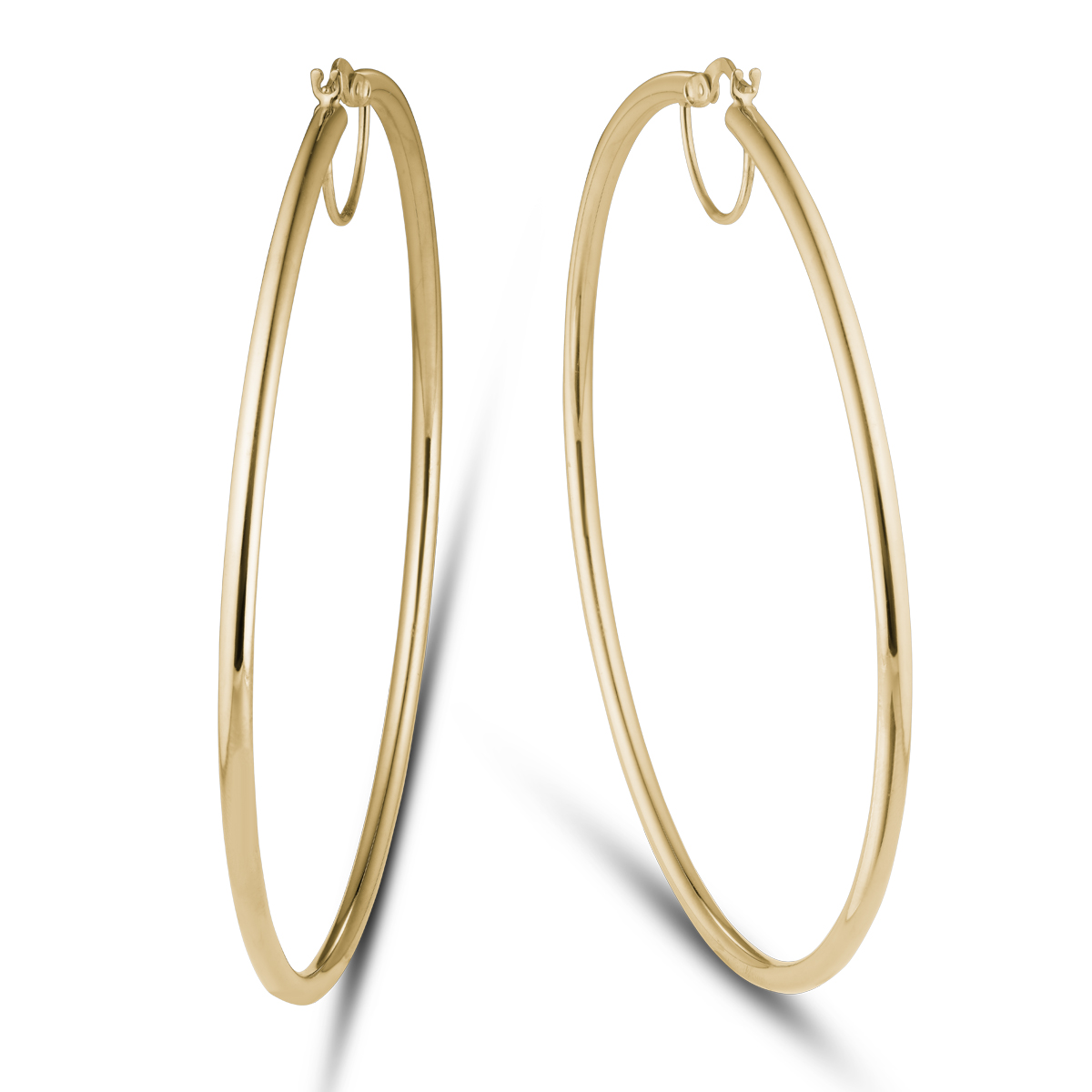 18K yellow gold hoop earrings, measuring approximately 72mm in diameter with a 2.5mm tube, designed for all-day comfort and a strong shape, crafted with Italian elegance.