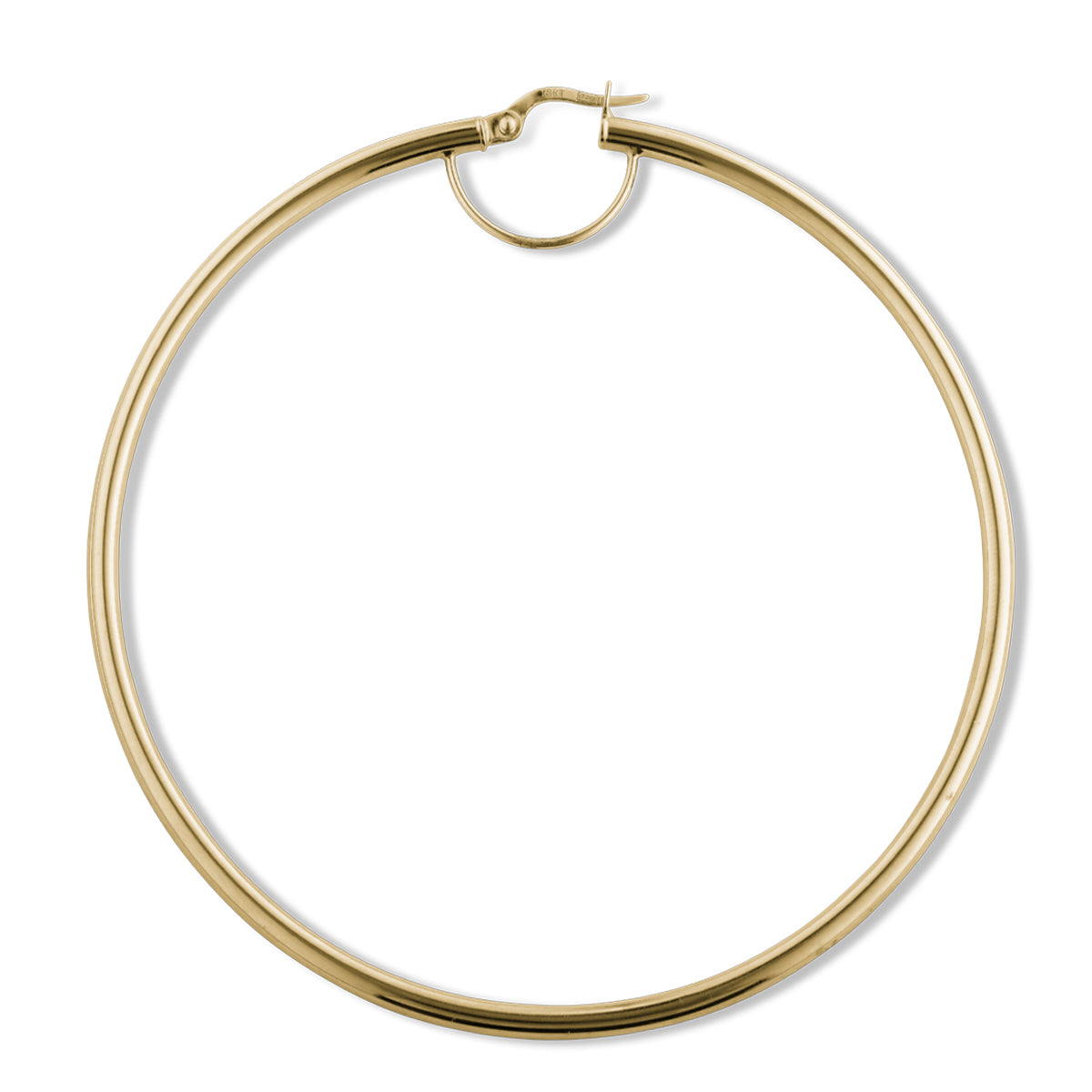 18K yellow gold hoop earrings, measuring approximately 72mm in diameter with a 2.5mm tube, designed for all-day comfort and a strong shape, crafted with Italian elegance.