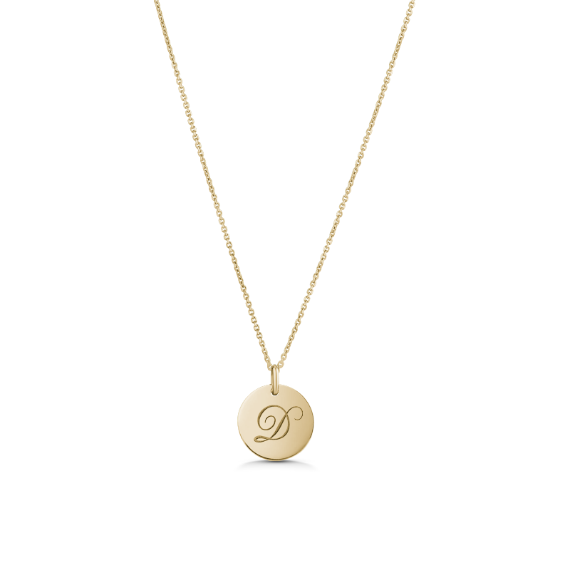 Unique double-sided 14K yellow gold pendant, featuring a script-styled initial on one side and a gemstone set in a diamond-cut star pattern on the reverse, measuring 15mm in diameter, accompanied by an 18" adjustable chain.