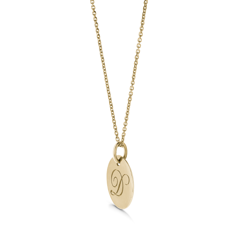 Unique double-sided 14K yellow gold pendant, featuring a script-styled initial on one side and a gemstone set in a diamond-cut star pattern on the reverse, measuring 15mm in diameter, accompanied by an 18" adjustable chain.