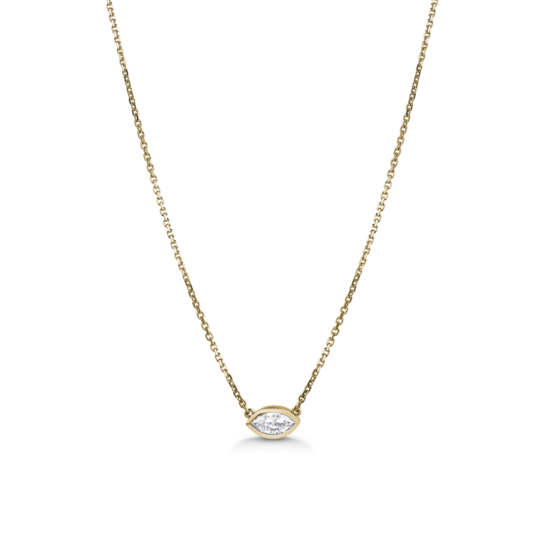 Elegant 14K yellow gold evil eye necklace, featuring a marquise cut diamond of approximately 0.83ct, set in a bezel setting, with an adjustable 16-18" chain, symbolizing new beginnings and good luck.