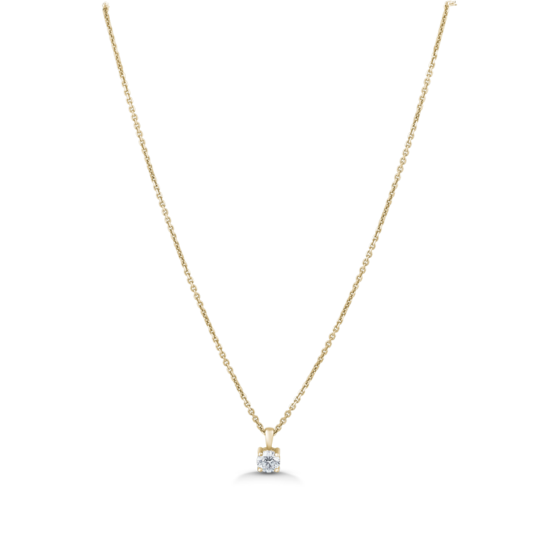 18K yellow gold pendant featuring a gracefully tapering bail and a claw-set round brilliant diamond of about .42ct, on a 17" chain, exemplifying classic elegance and handcrafted expertise by Ex Aurum in Montreal.