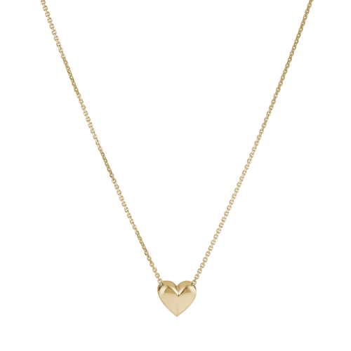 14K yellow gold 'Full Heart' pendant necklace with a puffy heart on a 16-inch cable chain, handcrafted in Montreal, demonstrating elegance and simplicity.