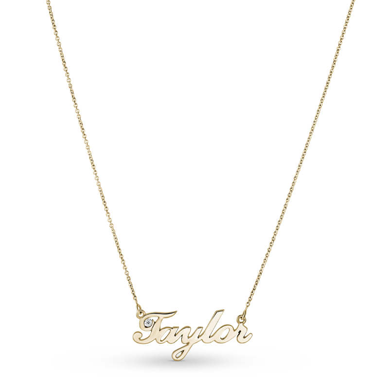 Customizable name necklace in solid 14K yellow gold, weighing approximately 3.5 grams, featuring a cursive name design with a 0.03ct round brilliant diamond accent, complemented by a sturdy cable chain.