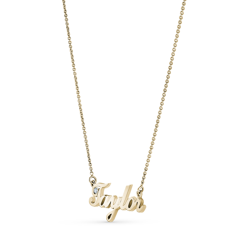 Customizable name necklace in solid 14K yellow gold, weighing approximately 3.5 grams, featuring a cursive name design with a 0.03ct round brilliant diamond accent, complemented by a sturdy cable chain.