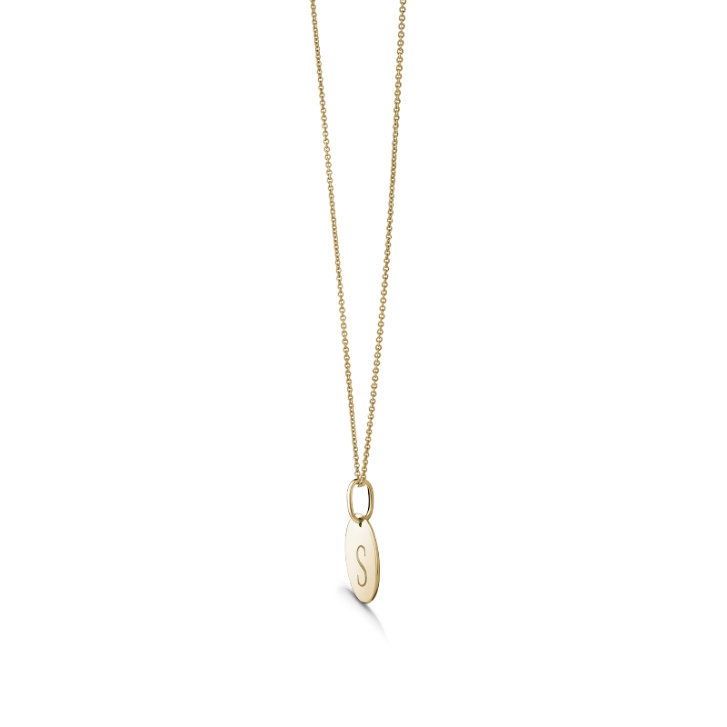 Elegant necklace in 14K yellow gold, featuring a 13mm engraved disc with the option to choose an initial, complemented by a seamless integrated loop bail, on a 16" 1.2mm cable chain, exemplifying Italian craftsmanship.