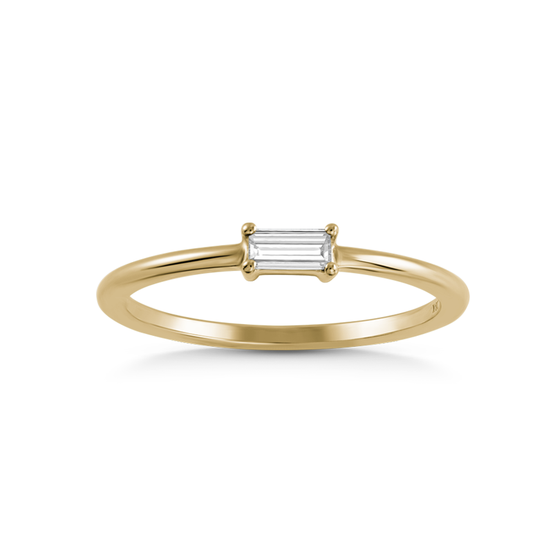 Elegant ring in 18K yellow gold, featuring a 0.14ct emerald cut diamond in a low, long claw setting, perfect for sleek and classic styling or creating unique stacking arrangements.