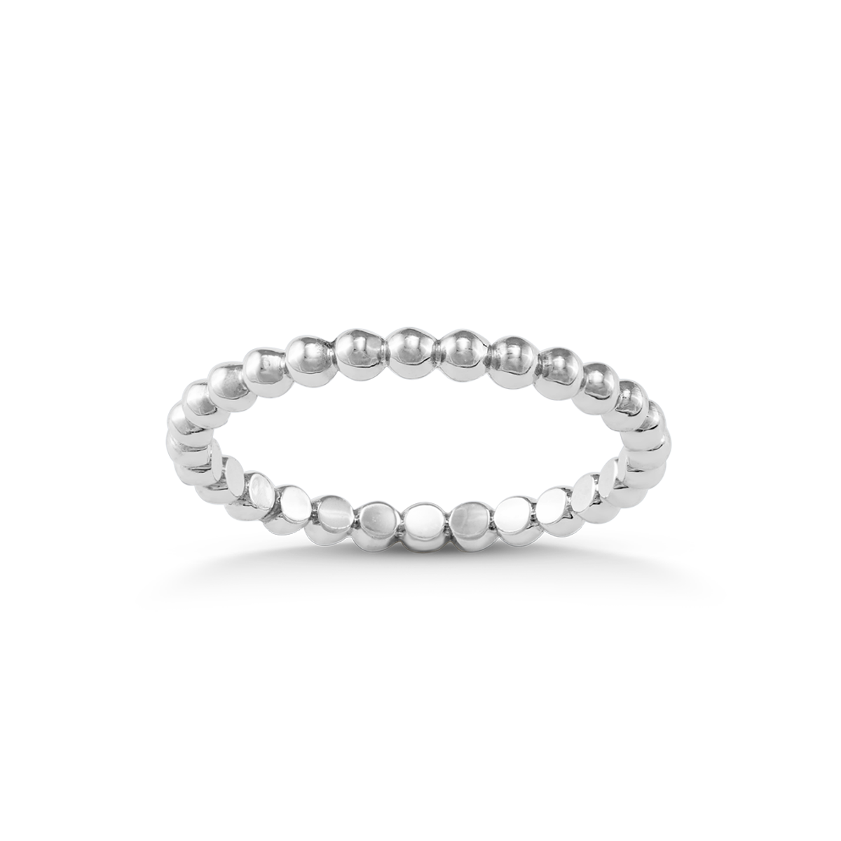 Elegant beaded band of 18K high polished white gold balls. Add a notch of patterned contrast when mixing with other styles.