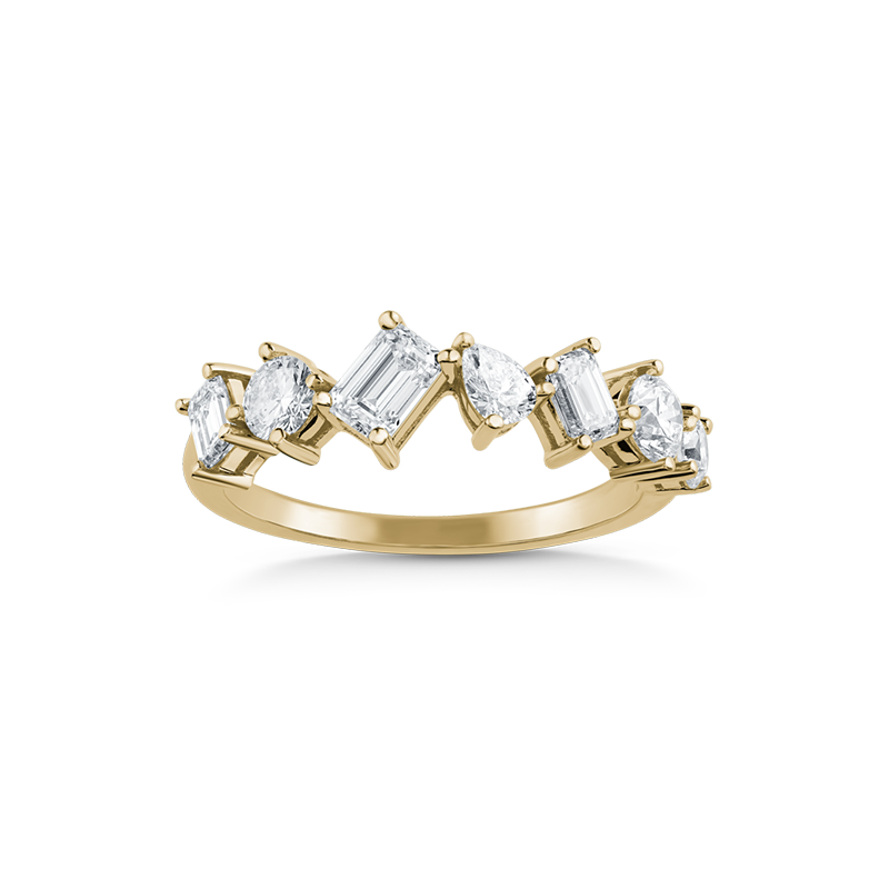 Elegant band ring in 18K yellow gold, featuring an array of lab diamonds in round, emerald, and pear cuts totaling approximately 1.85tcw, set in traditional four-claw settings, blending cocktail glamour with modern geometric design.