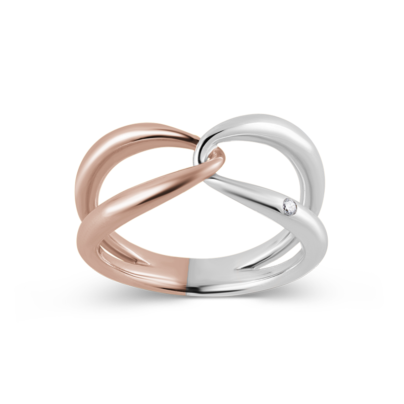 Charming ring in 14K two-tone rose and white gold, symbolizing an embrace, featuring a flush set 0.02ct diamond, combining luxury with a hint of sparkle, handcrafted in Canada by Ex Aurum.