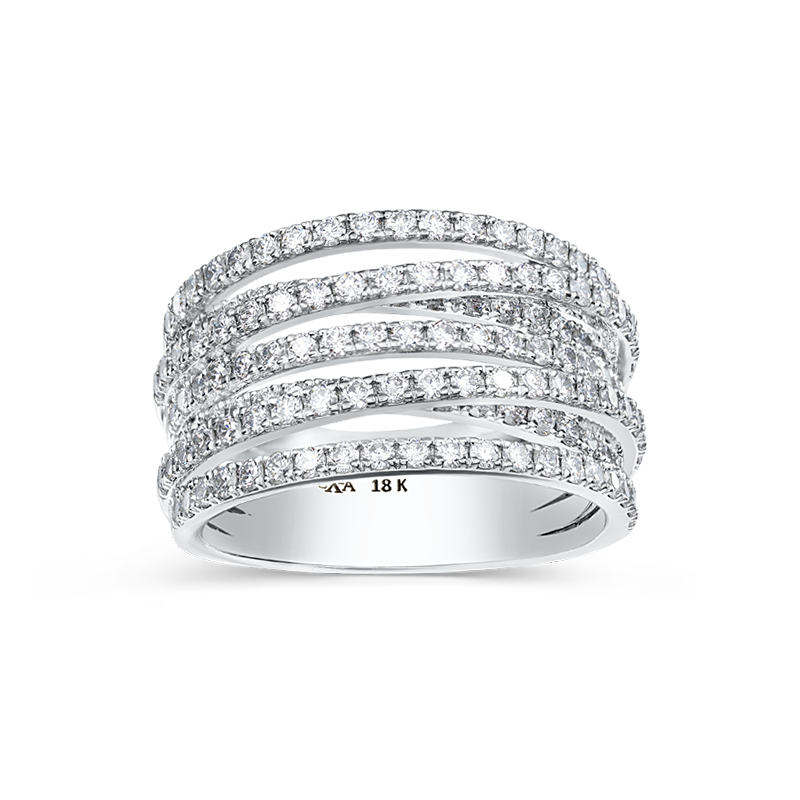 Ring in 14K white gold, a statement piece weighing approximately 9.80gr, adorned with 1.73tcw of round diamonds in a pavé setting, designed to mimic the graceful undulations of sparkling ribbons.