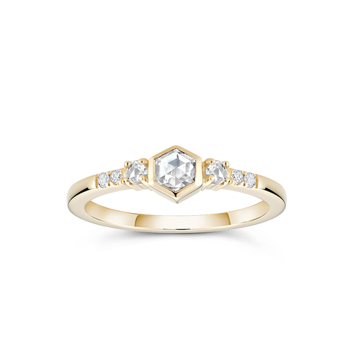 Elegant ring in 18K yellow gold, featuring a rose-cut salt & pepper hexagon diamond, flanked by round brilliant diamonds with pavé side accents, symbolizing harmony and balance.