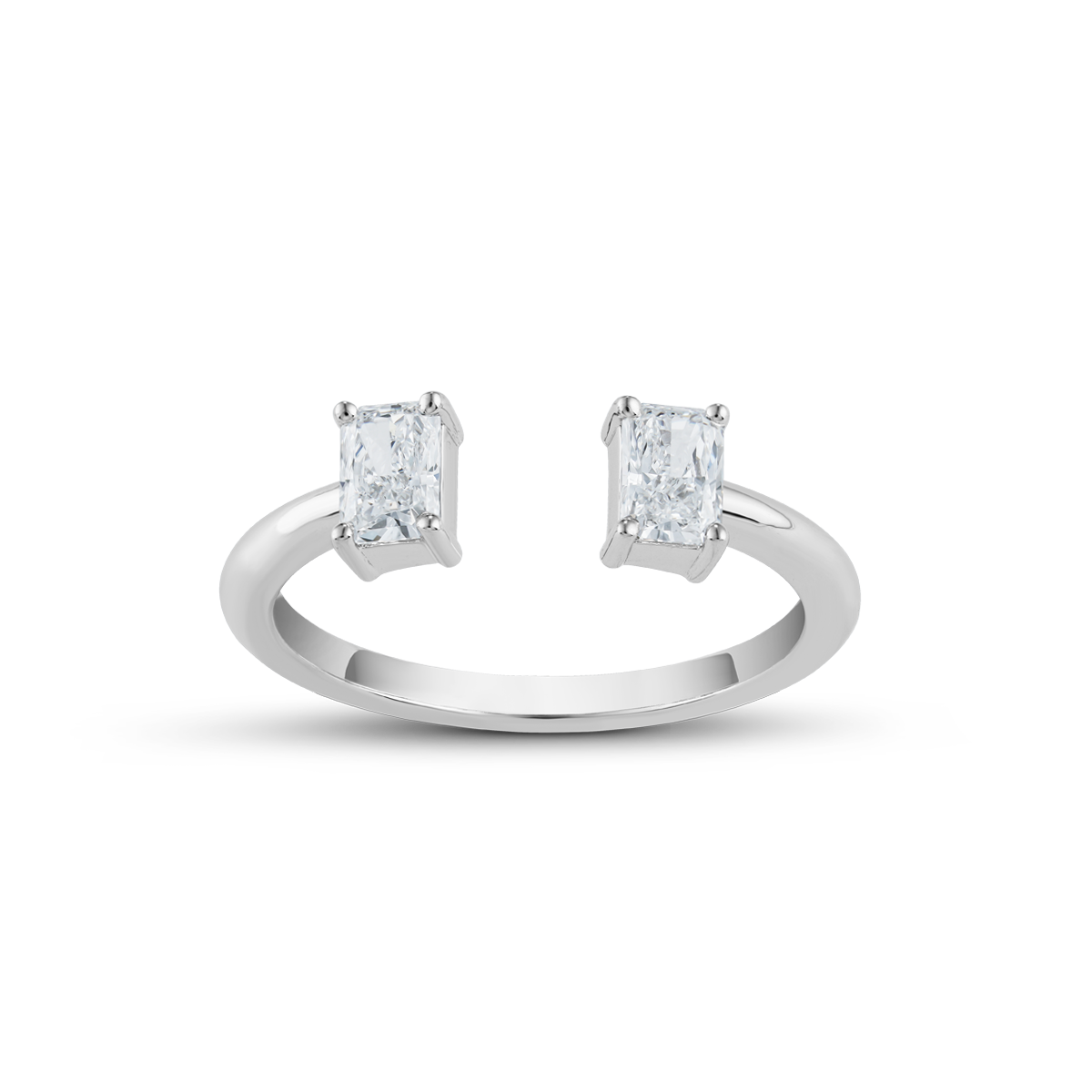 Contemporary ring in 18K white gold, featuring two parallel claw-set radiant laboratory diamonds totaling approximately 0.61tcw, symbolizing the union of two souls in a modern interpretation of a classic theme.