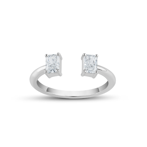 Contemporary ring in 18K white gold, featuring two parallel claw-set radiant laboratory diamonds totaling approximately 0.61tcw, symbolizing the union of two souls in a modern interpretation of a classic theme.