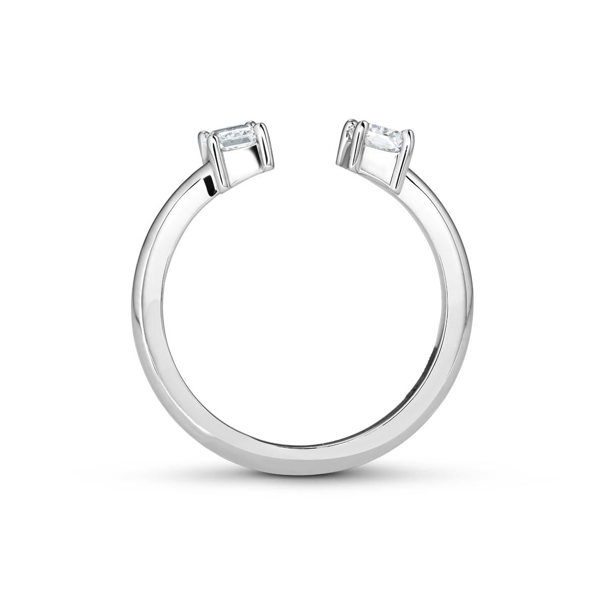 Contemporary ring in 18K white gold, featuring two parallel claw-set radiant laboratory diamonds totaling approximately 0.61tcw, symbolizing the union of two souls in a modern interpretation of a classic theme.