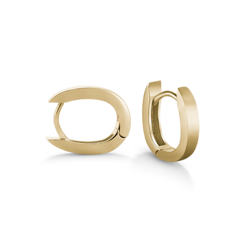 Stylish 14K yellow gold hinged oval hugger earrings, measuring 12x11mm and 3mm wide, featuring a unique square railed edge for a modern appearance, complemented by a curved post and tension closure for a snug fit.