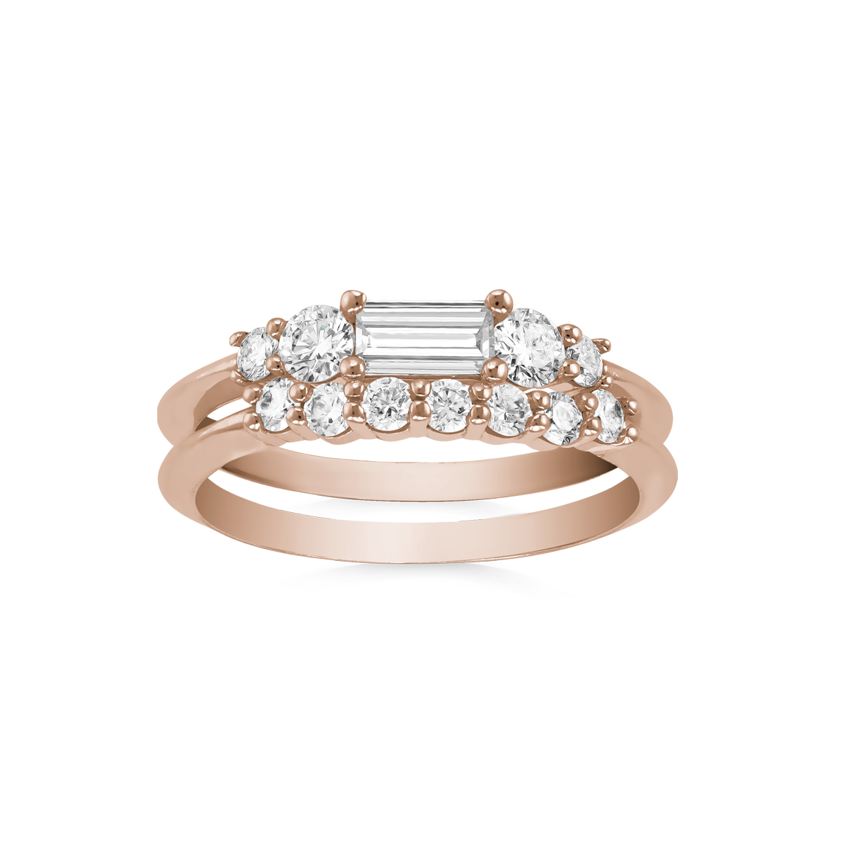 Elegant set in 18K rose gold, featuring a 0.33ct diamond baguette centerpiece with 0.78tcw of small diamonds in claw settings, accented by low knife-edged bands with stepped levels for a dynamic look.