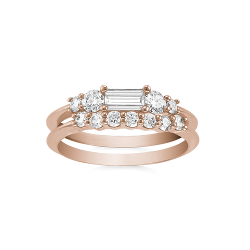 Elegant set in 18K rose gold, featuring a 0.33ct diamond baguette centerpiece with 0.78tcw of small diamonds in claw settings, accented by low knife-edged bands with stepped levels for a dynamic look.