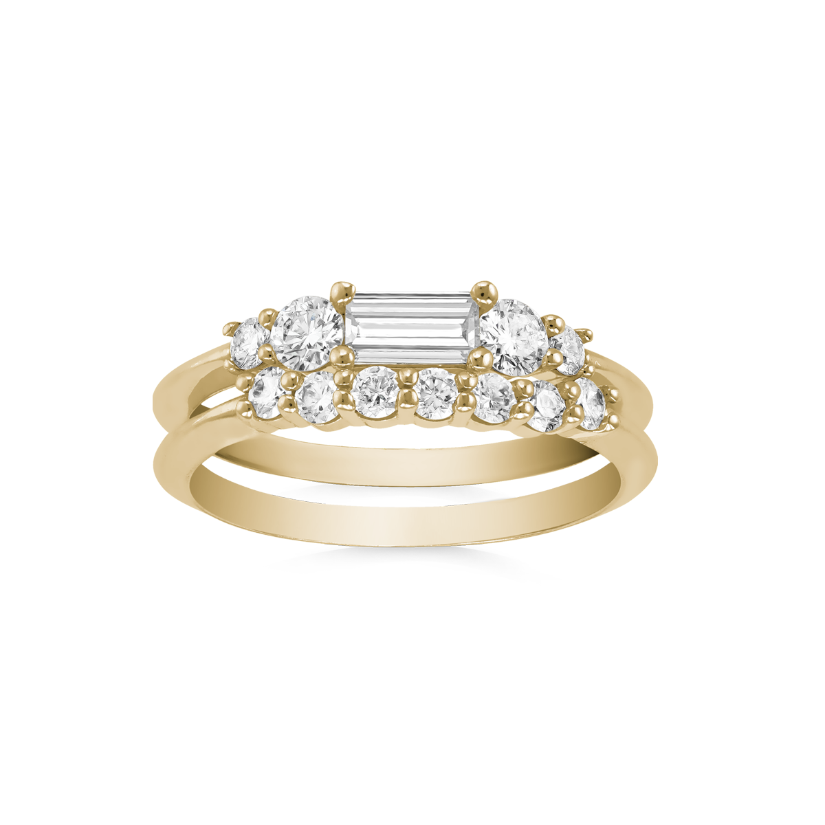 Elegant 'Delight Pair' set in 18K yellow gold, featuring a 0.33ct diamond baguette centerpiece with 0.78tcw of small diamonds in claw settings, accented by low knife-edged bands with stepped levels for a dynamic look.